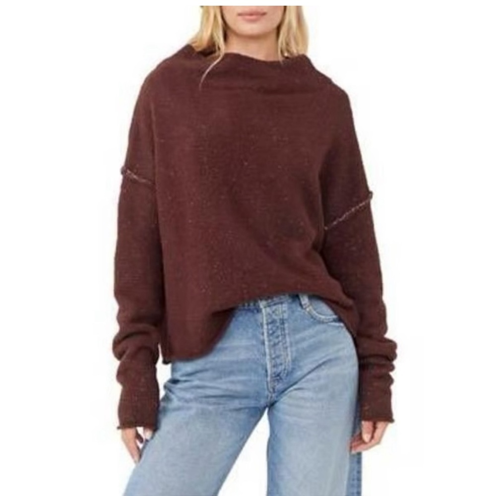 Free People San Vicente Birch Bark Rich Brown Cowl Neck Slouchy Sweater L